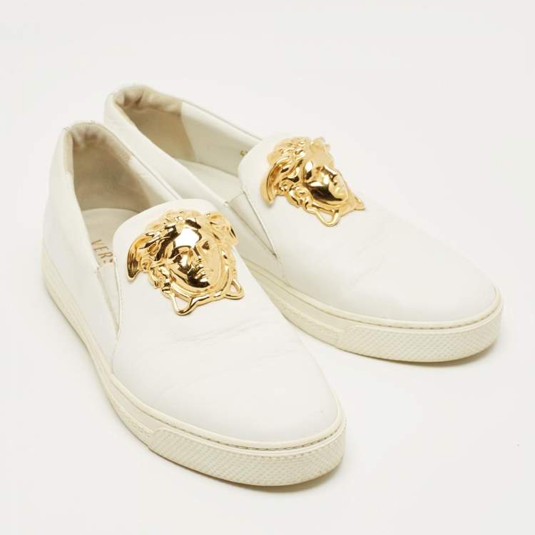 Pre Owned Versace White Leather Palazzo Medusa Slip On Sneakers Size 43