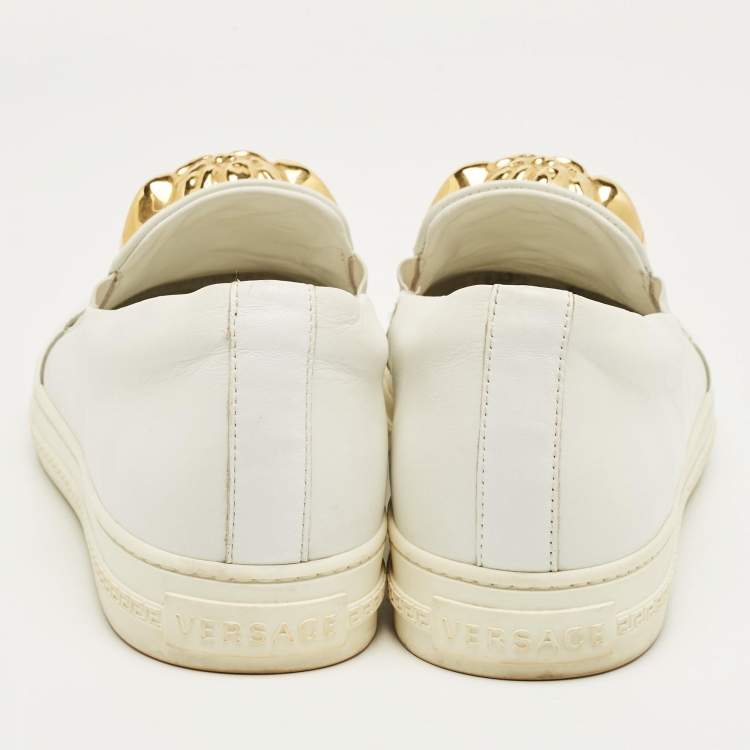 Pre Owned Versace White Leather Palazzo Medusa Slip On Sneakers Size 43