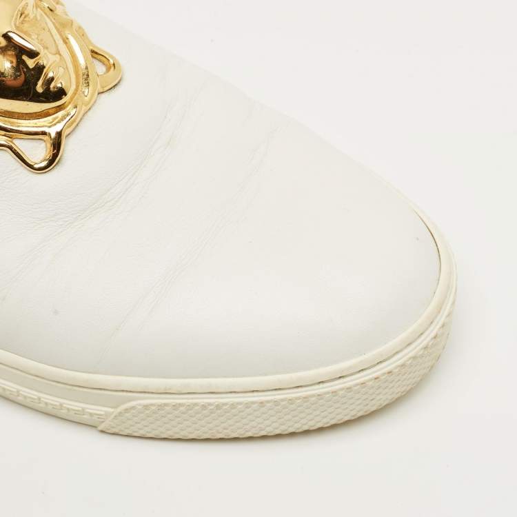 Pre Owned Versace White Leather Palazzo Medusa Slip On Sneakers Size 43