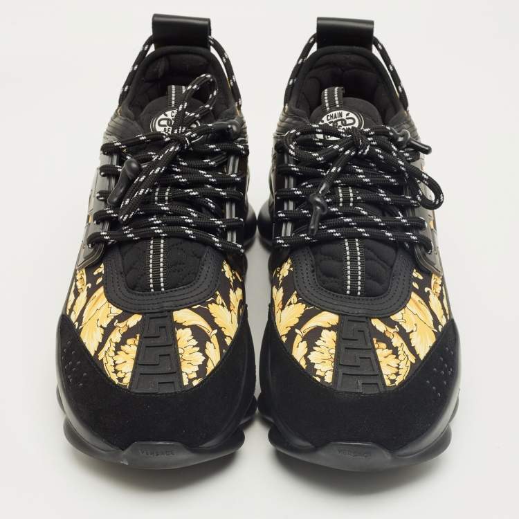 Pre Owned Versace Black/Yellow Canvas and Leather Trigreca Sneakers Size 44