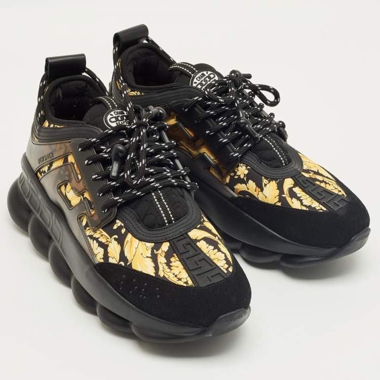 Pre Owned Versace Black/Yellow Canvas and Leather Trigreca Sneakers Size 44