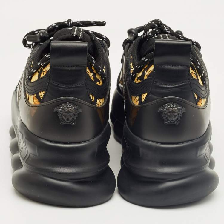 Pre Owned Versace Black/Yellow Canvas and Leather Trigreca Sneakers Size 44