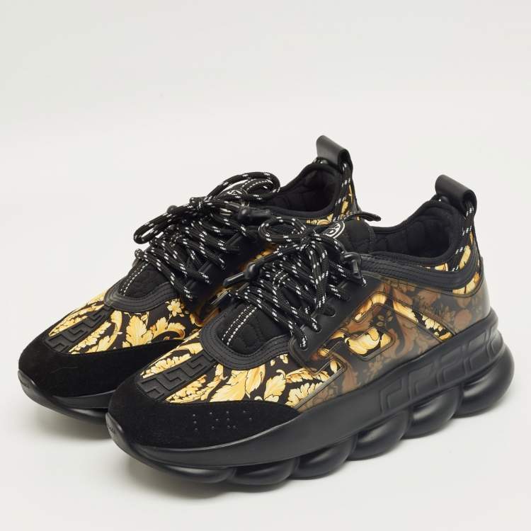 Pre Owned Versace Black/Yellow Canvas and Leather Trigreca Sneakers Size 44