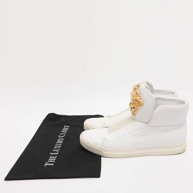 Pre Owned Versace Medusa Size 42 White Leather High Top Sneakers