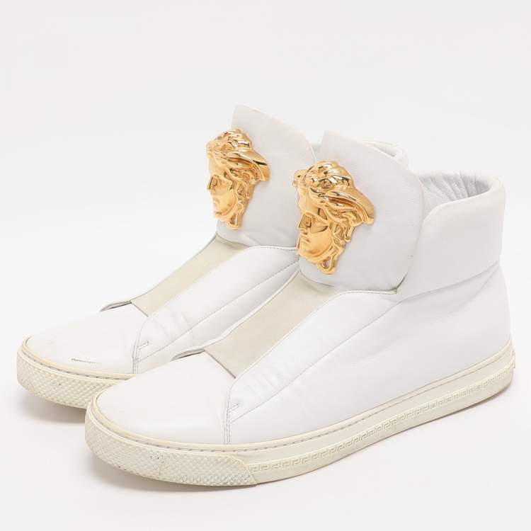 Pre Owned Versace Medusa Size 42 White Leather High Top Sneakers
