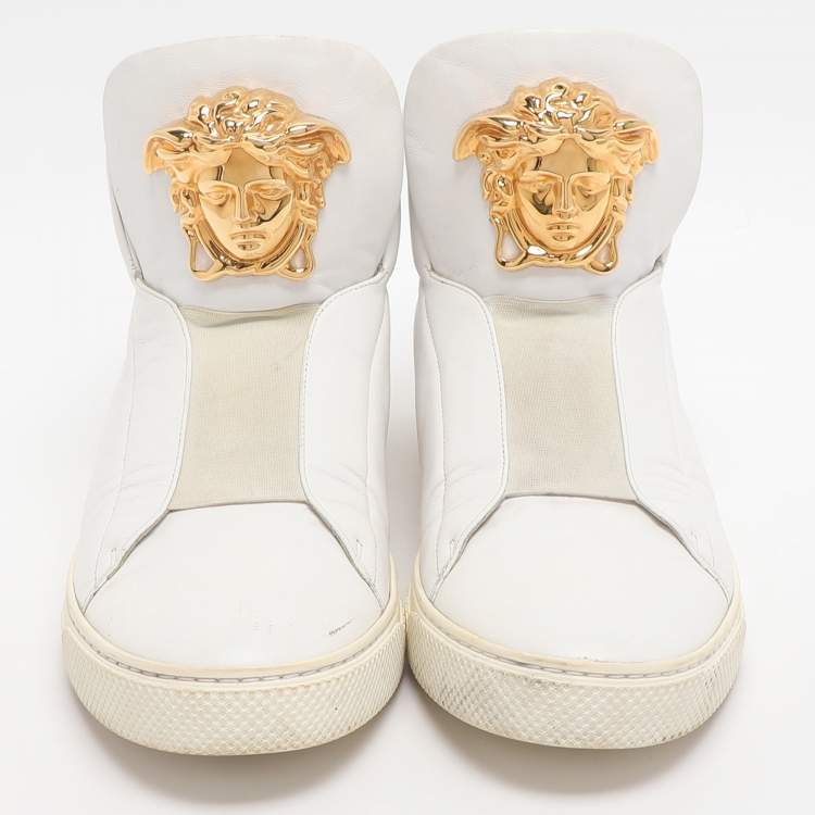 Pre Owned Versace Medusa Size 42 White Leather High Top Sneakers