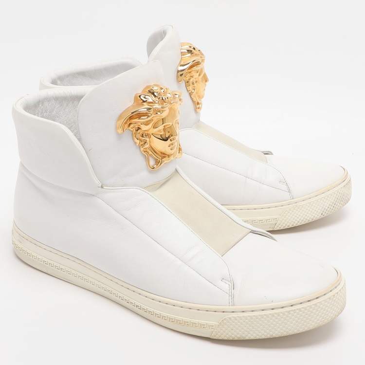 Pre Owned Versace Medusa Size 42 White Leather High Top Sneakers