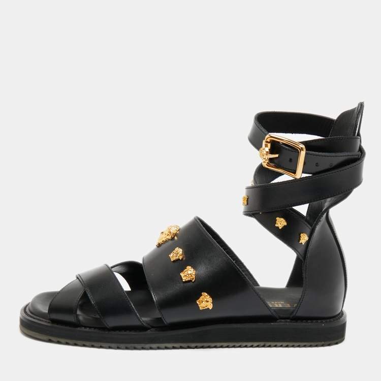 Pre Owned Versace Medusa Size 43 Black Leather Flat Sandals