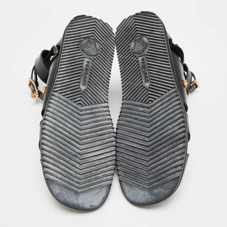 Pre Owned Versace Medusa Size 43 Black Leather Flat Sandals