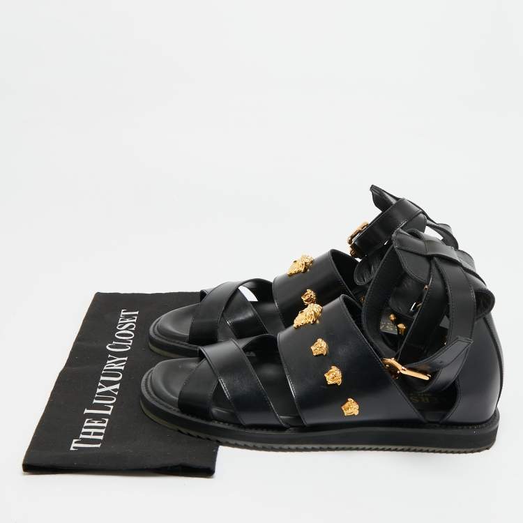 Pre Owned Versace Medusa Size 43 Black Leather Flat Sandals
