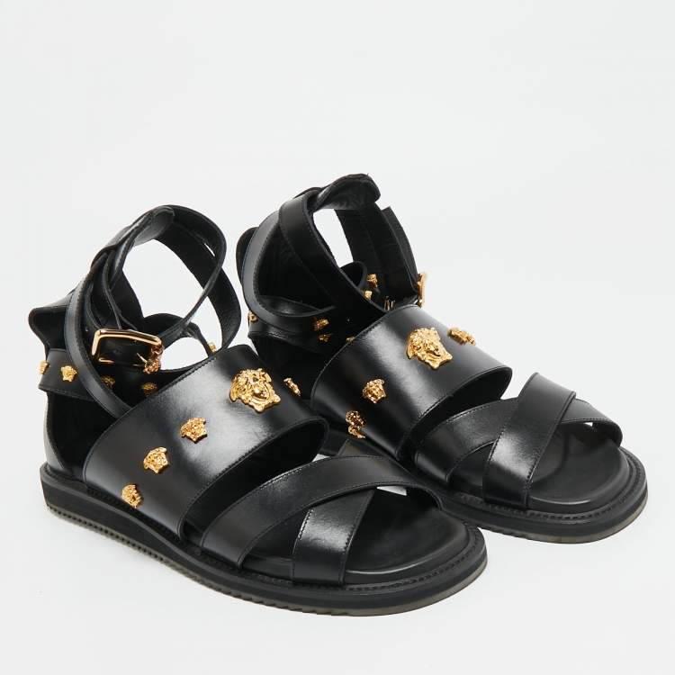 Pre Owned Versace Medusa Size 43 Black Leather Flat Sandals