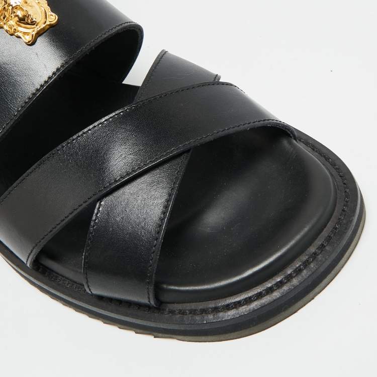 Pre Owned Versace Medusa Size 43 Black Leather Flat Sandals