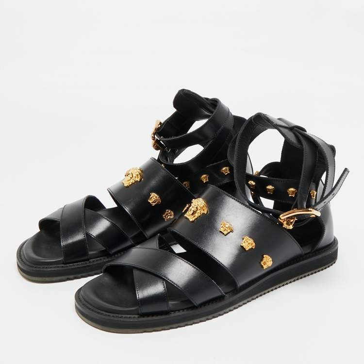 Pre Owned Versace Medusa Size 43 Black Leather Flat Sandals