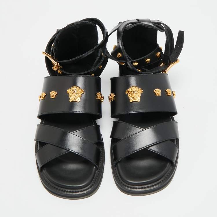 Pre Owned Versace Medusa Size 43 Black Leather Flat Sandals