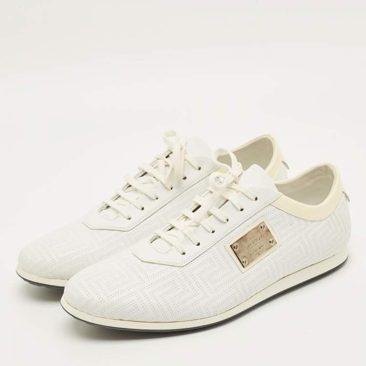 Pre Owned Versace Size 43 White/Beige Patent Leather and Quilted Leather Logo Lace Up Sneakers