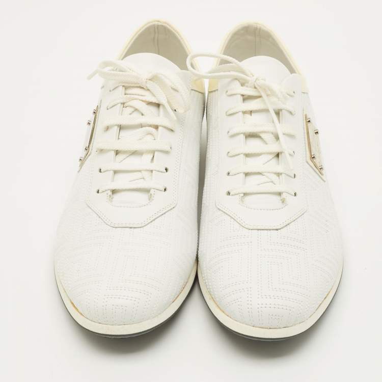 Pre Owned Versace Size 43 White/Beige Patent Leather and Quilted Leather Logo Lace Up Sneakers