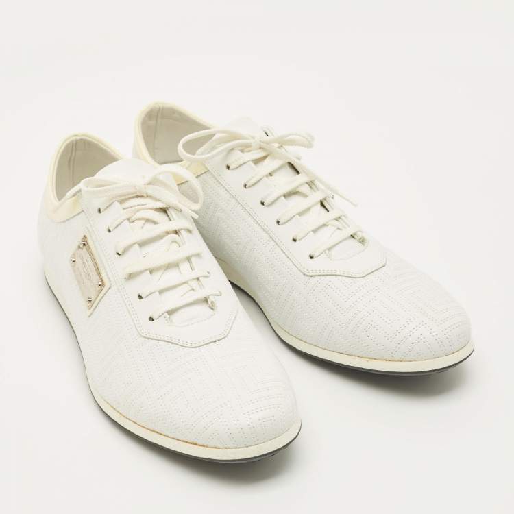 Pre Owned Versace Size 43 White/Beige Patent Leather and Quilted Leather Logo Lace Up Sneakers