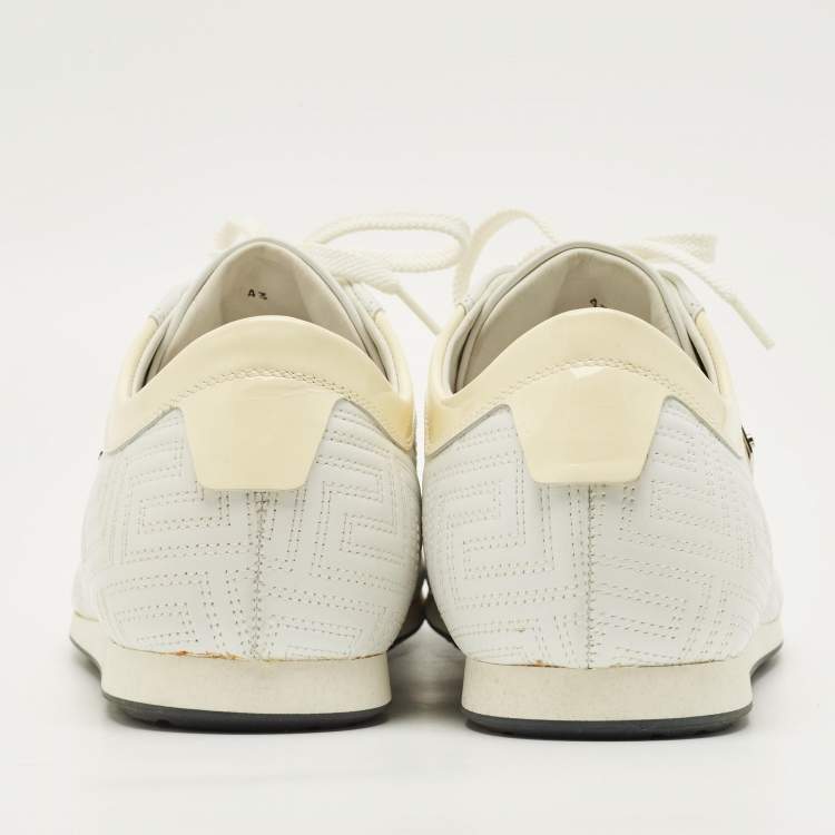 Pre Owned Versace Size 43 White/Beige Patent Leather and Quilted Leather Logo Lace Up Sneakers