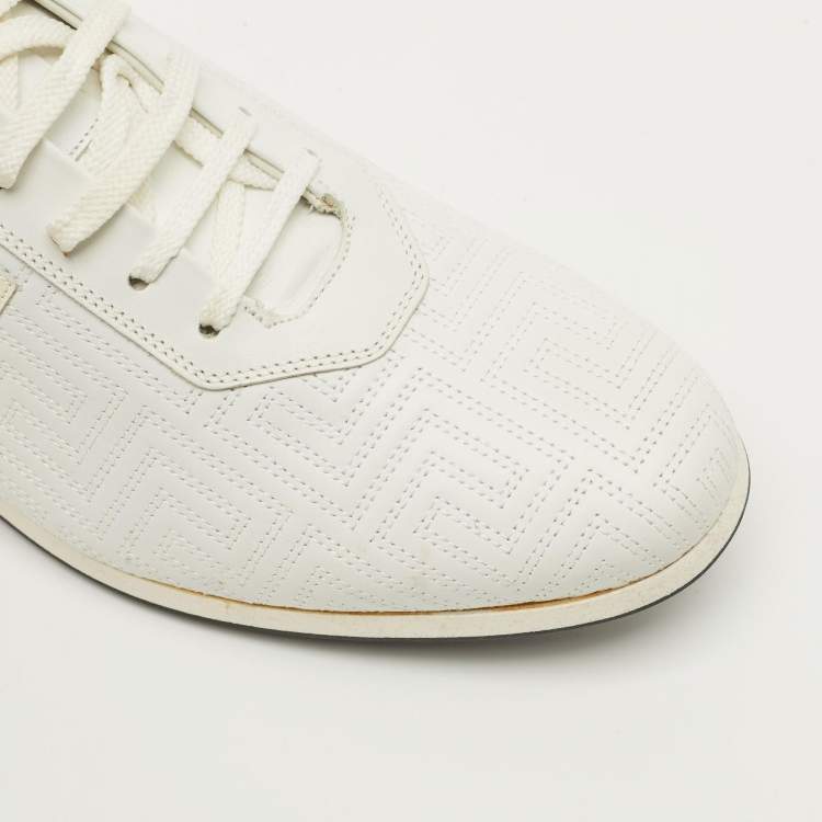 Pre Owned Versace Size 43 White/Beige Patent Leather and Quilted Leather Logo Lace Up Sneakers