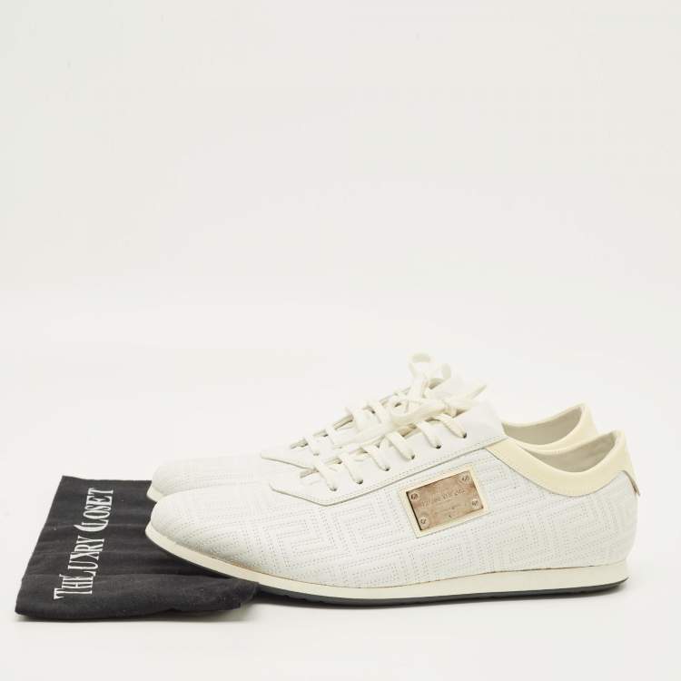 Pre Owned Versace Size 43 White/Beige Patent Leather and Quilted Leather Logo Lace Up Sneakers