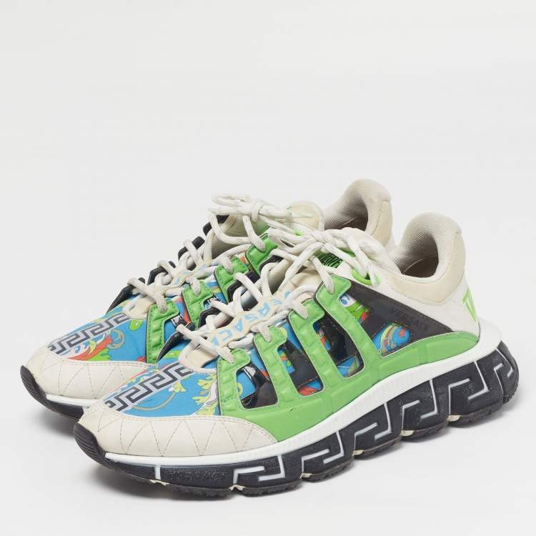 Pre Owned Versace Trigreca Size 42 Multicolor Canvas and Leather Lace Up Sneakers