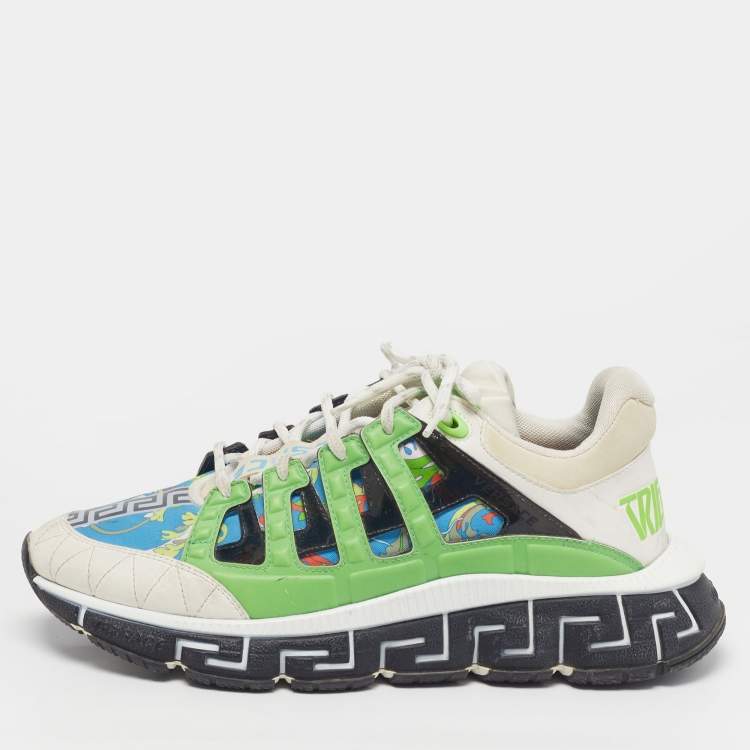 Pre Owned Versace Trigreca Size 42 Multicolor Canvas and Leather Lace Up Sneakers