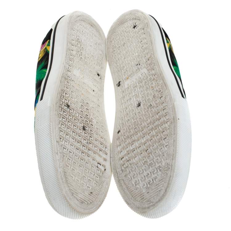 Pre Owned Versace Multicolor Beverly Palm Print Canvas And Leather Trim Slip On Sneakers Size 43