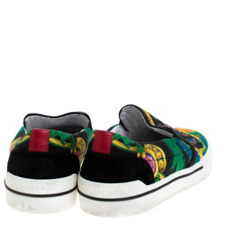 Pre Owned Versace Multicolor Beverly Palm Print Canvas And Leather Trim Slip On Sneakers Size 43