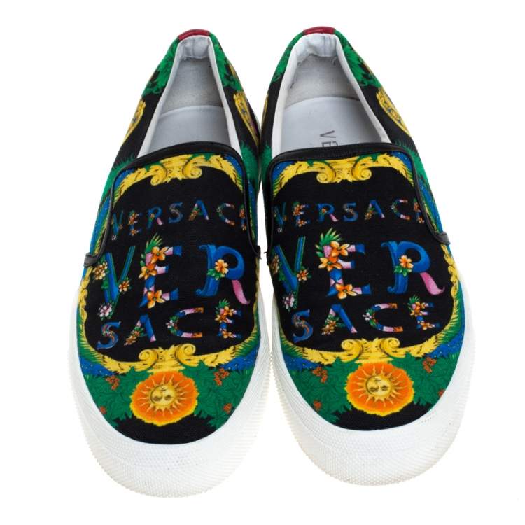 Pre Owned Versace Multicolor Beverly Palm Print Canvas And Leather Trim Slip On Sneakers Size 43