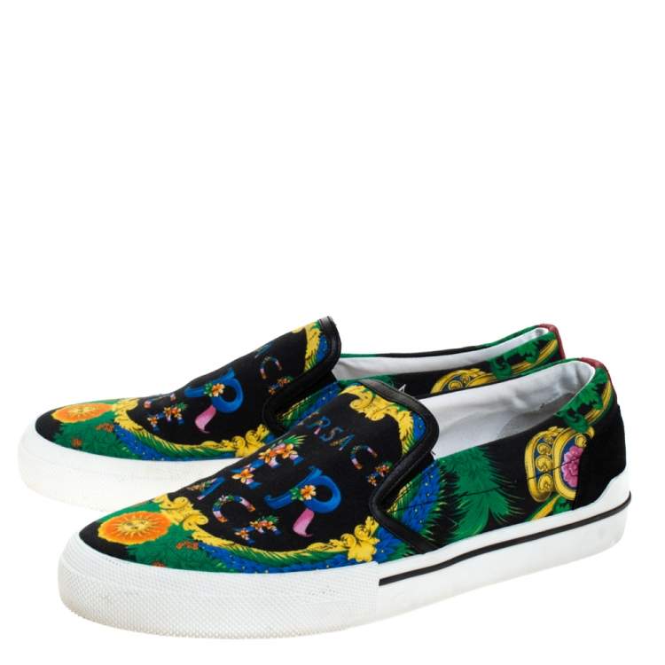 Pre Owned Versace Multicolor Beverly Palm Print Canvas And Leather Trim Slip On Sneakers Size 43