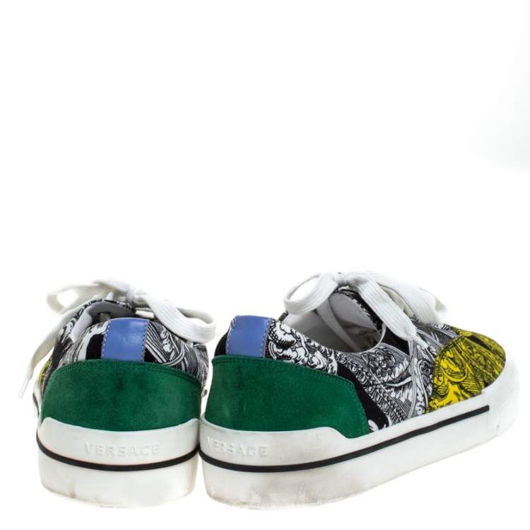 Pre Owned Versace Multicolor Printed Fabric And Suede Trim Low Top Lace Up Sneakers Size 43