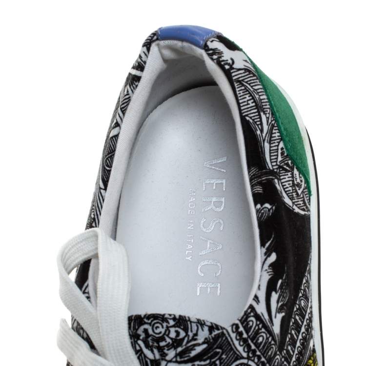 Pre Owned Versace Multicolor Printed Fabric And Suede Trim Low Top Lace Up Sneakers Size 43