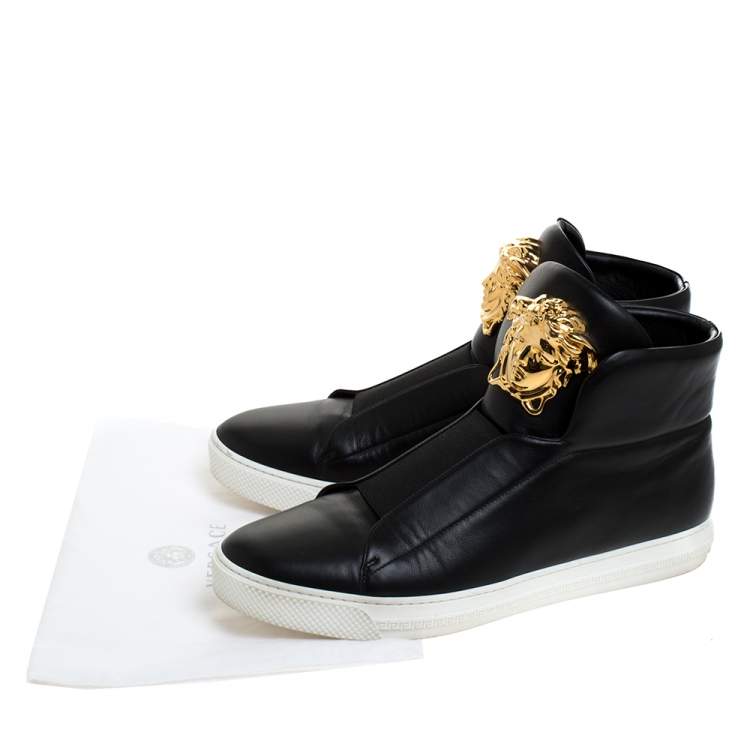 Pre Owned Versace Black Leather Palazzo Slip On High Top Sneakers Size 43