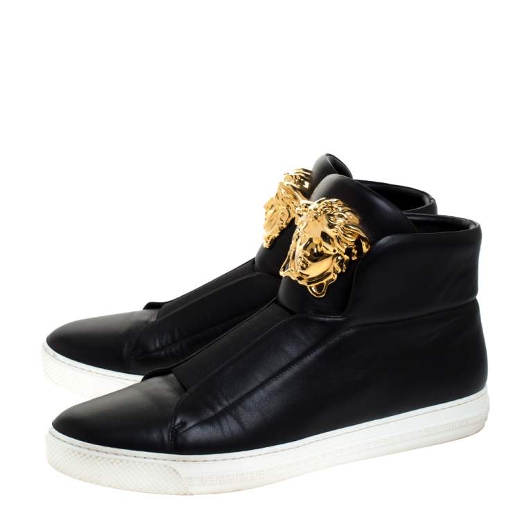 Pre Owned Versace Black Leather Palazzo Slip On High Top Sneakers Size 43