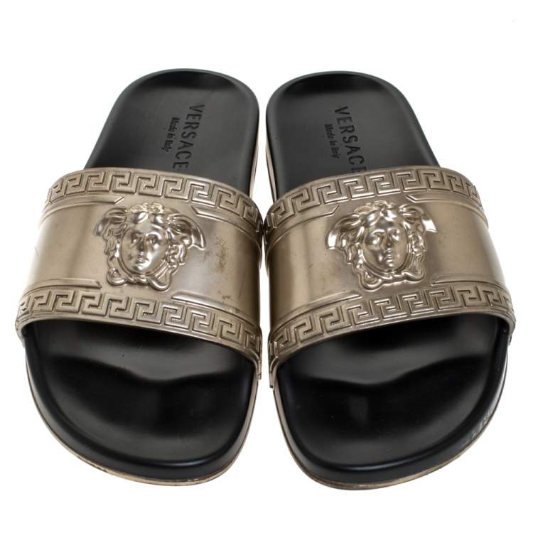 Pre Owned Versace Bronze Rubber Medusa Head Slides Size 43
