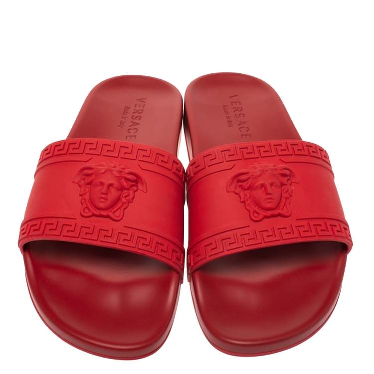 Pre Owned Versace Red Rubber Medusa Head Slides Size 41
