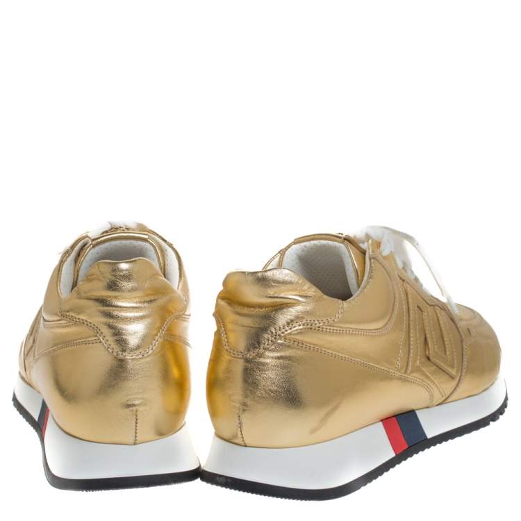 Pre Owned Versace Metallic Gold Leather Low Top Lace Up Sneakers Size 43