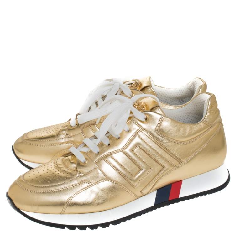 Pre Owned Versace Metallic Gold Leather Low Top Lace Up Sneakers Size 43