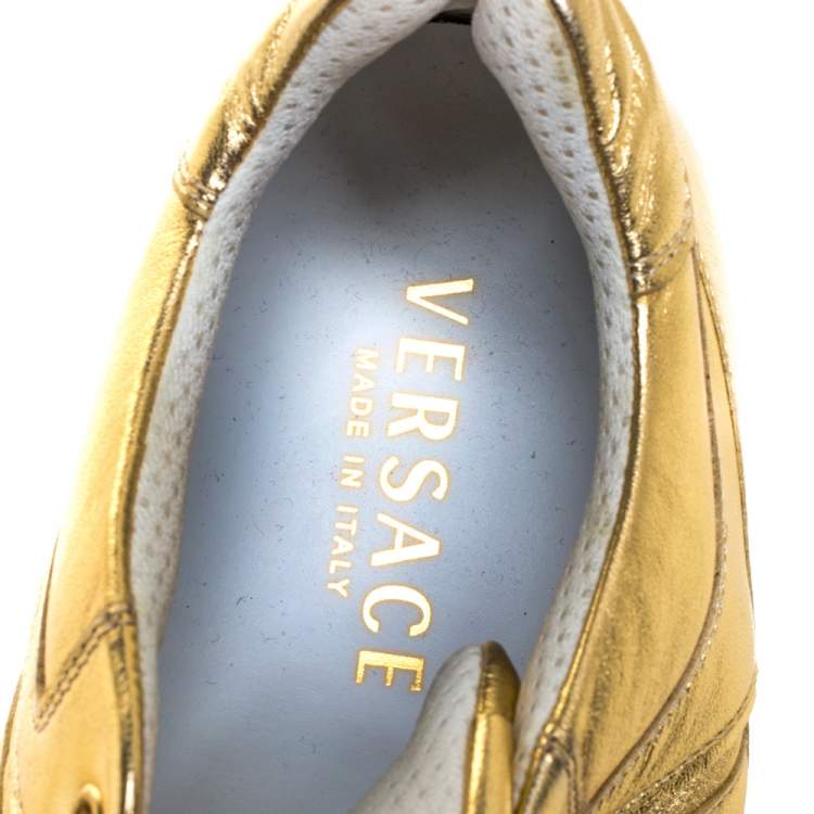 Pre Owned Versace Metallic Gold Leather Low Top Lace Up Sneakers Size 43