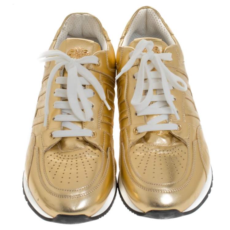 Pre Owned Versace Metallic Gold Leather Low Top Lace Up Sneakers Size 43
