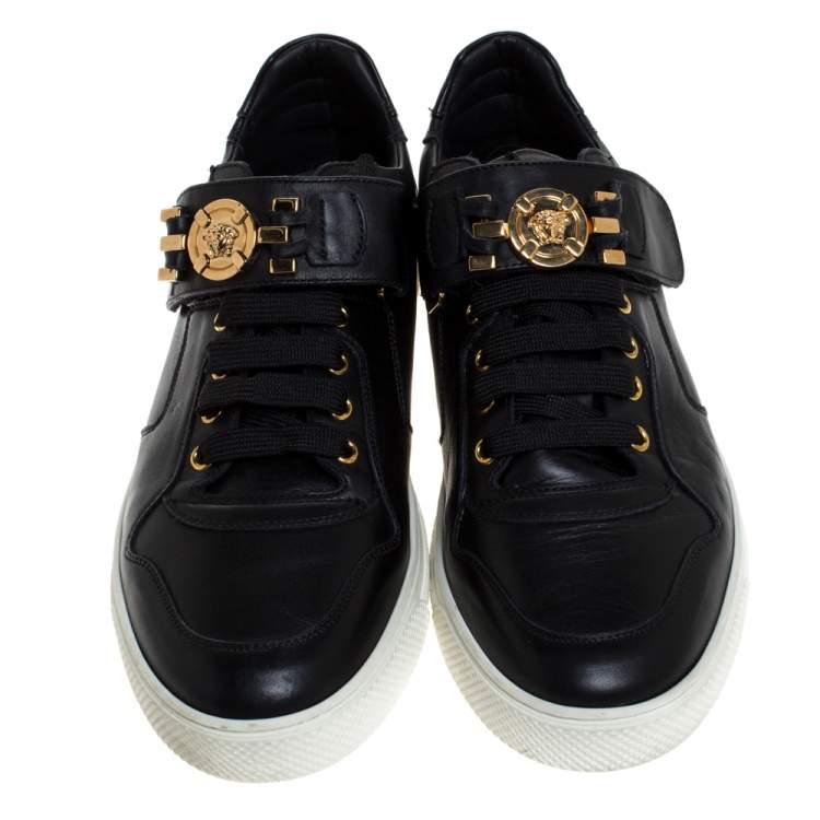 Pre Owned Versace Black Leather Lace Up/Velcro Low Top Sneakers Size 43