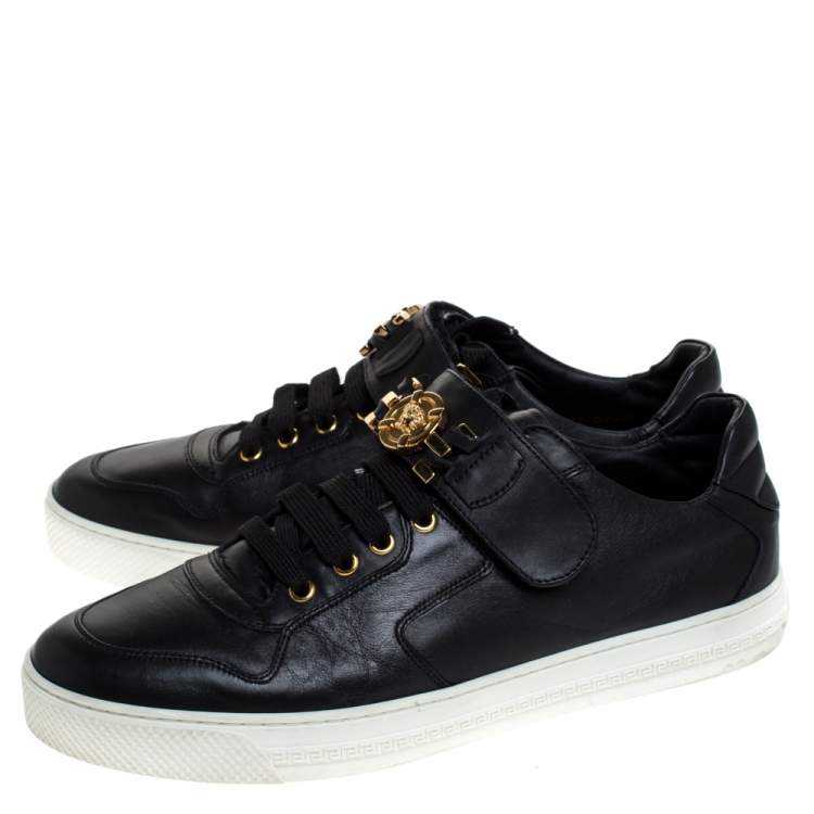 Pre Owned Versace Black Leather Lace Up/Velcro Low Top Sneakers Size 43