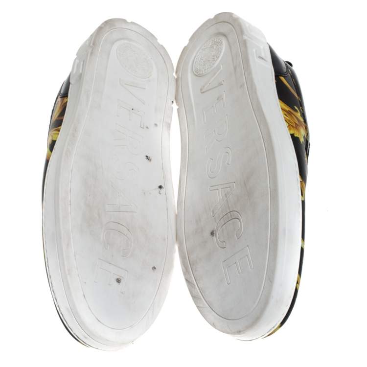 Pre Owned Versace Black/Gold Barocco Printed Leather Slip On Sneakers Size 43