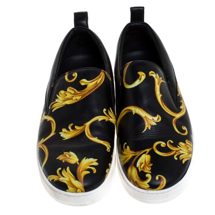 Pre Owned Versace Black/Gold Barocco Printed Leather Slip On Sneakers Size 43