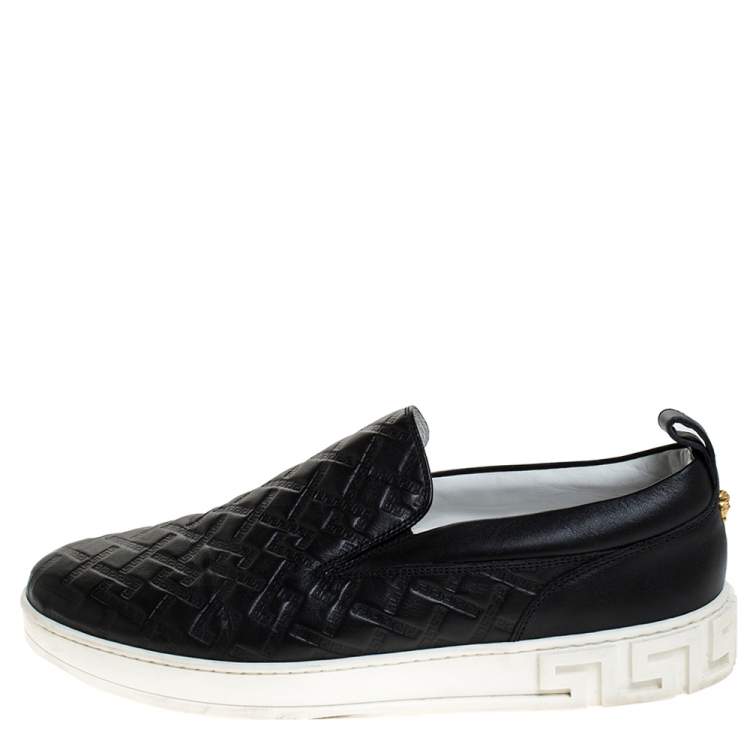 Pre Owned Versace Black Greek Key Embossed Leather Slip On Sneakers Size 44