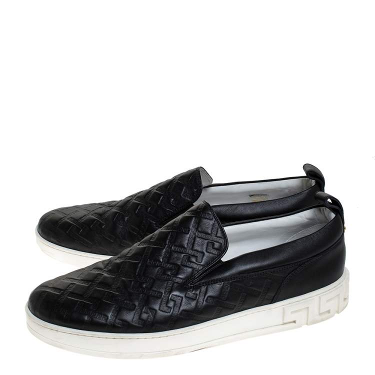 Pre Owned Versace Black Greek Key Embossed Leather Slip On Sneakers Size 44