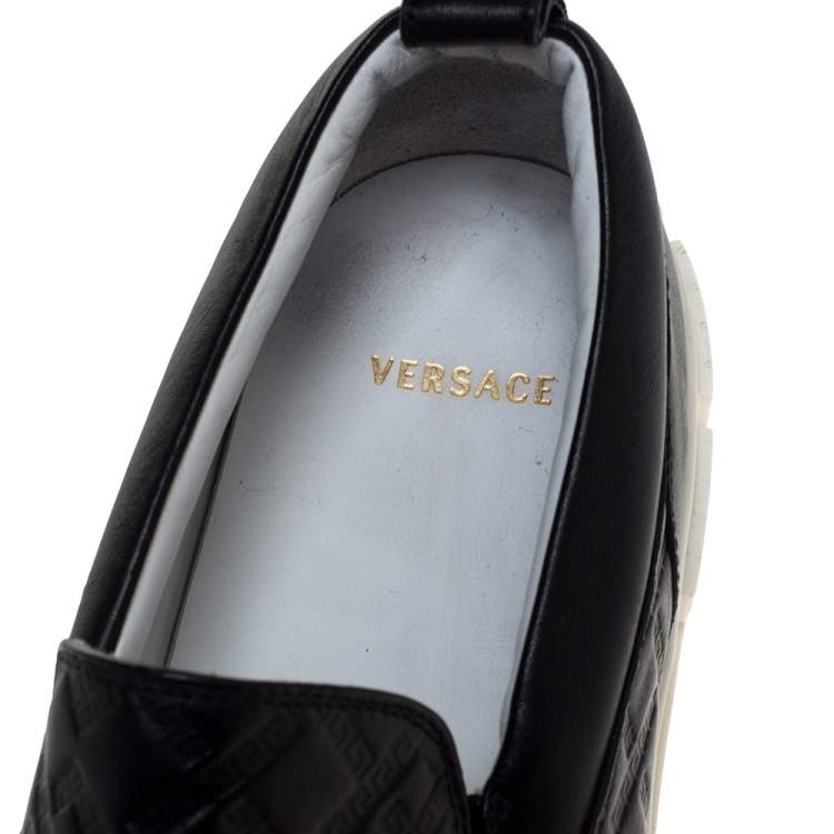Pre Owned Versace Black Greek Key Embossed Leather Slip On Sneakers Size 44