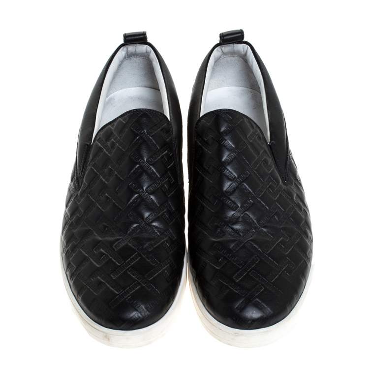 Pre Owned Versace Black Greek Key Embossed Leather Slip On Sneakers Size 44