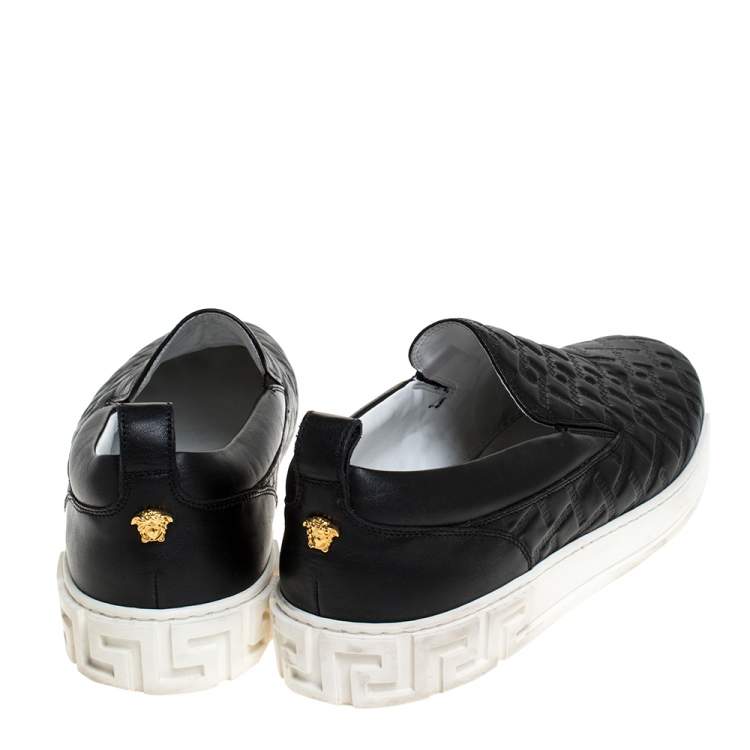 Pre Owned Versace Black Greek Key Embossed Leather Slip On Sneakers Size 44