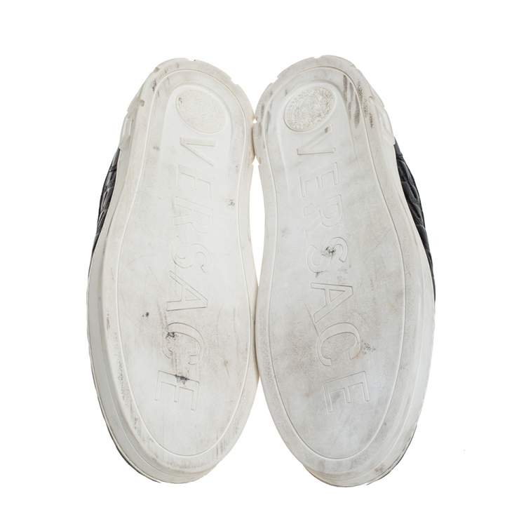 Pre Owned Versace Black Greek Key Embossed Leather Slip On Sneakers Size 44